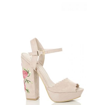 Nude faux suede flower embroidered block heel sandals